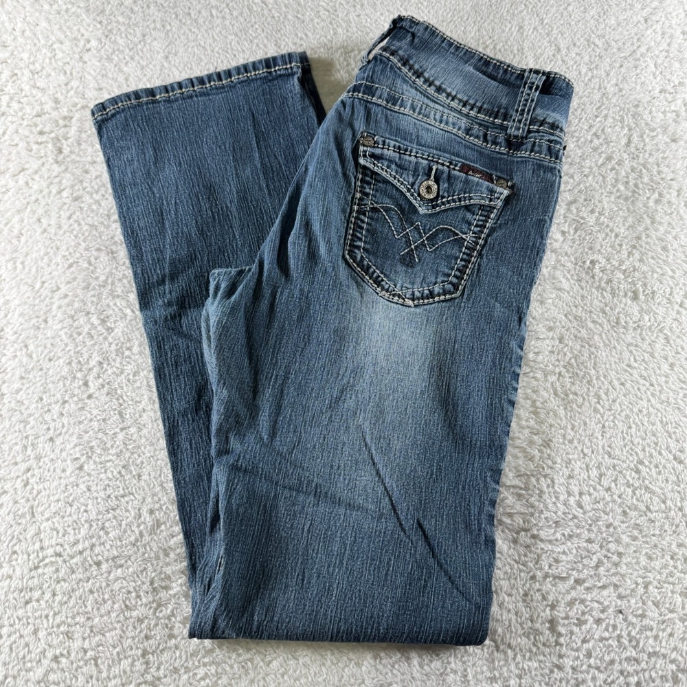Y2K Angels Jeans Boot Cut Triple Button Medium Wash Blue Size 10 28x32 Stretch